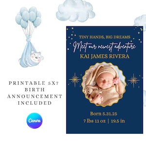 Modèle de faire-part de naissance moderne | Carte modifiable en toile 5 x 7 pouces + version mobile | Faire-part de bébé imprimable avec photo au dos