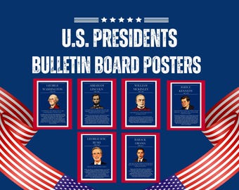Puede incluir: Seis carteles imprimibles con retratos de presidentes de los Estados Unidos, incluidos George Washington, Abraham Lincoln, William McKinley, John F. Kennedy, George H.W. Bush y Barack Obama. Los carteles están enmarcados en rojo y tienen un fondo azul.
