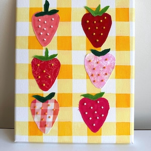Strawberry Gingham Mixed Media Painting: Beaded 8x10 Canvas Art