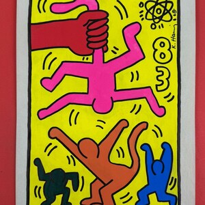 Keith Haring mixed media drawing on paper signed and stamped