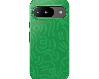 May include: A green phone case with a pattern of abstract lines and shapes.