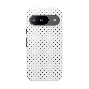 May include: White phone case with a black polka dot pattern. The case has a camera cutout and a black side button. The phone case is designed to fit a specific phone model.