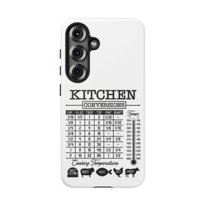 May include: White phone case with a black kitchen conversions chart. The chart includes measurements for cups, fluid ounces, tablespoons, teaspoons, pints, and quarts, along with cooking temperatures in Fahrenheit.