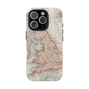 May include: A vintage map of England and Wales printed on a white phone case. The map shows the major cities and towns, including London, Birmingham, Manchester, and Liverpool. The map is in a light pink and blue color scheme.