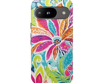 May include: A colorful phone case featuring a vibrant floral pattern. The design includes large flowers in shades of pink, orange, and blue, set against a light blue and white background. The case has a glossy finish and a camera cutout.