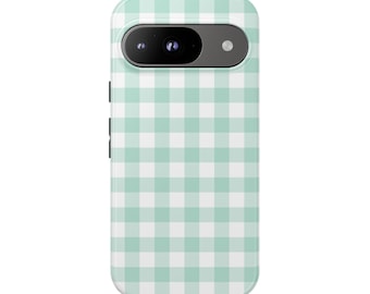 GENTLE GREEN GINGHAM Phone Case | For Pixel 9, Pixel 8, Pixel 7, Pixel 6 Pro, Pixel 5 5G and More, Checks, Birthday Gift, Fun Gift, Trendy