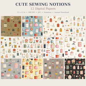 Puede incluir: Una colección de 12 papeles digitales titulada CUTE SEWING NOTIONS, que presenta patrones continuos de artículos de costura antropomórficos como carretes de hilo, tijeras, botones y máquinas de coser en varios colores sobre fondos diversos.