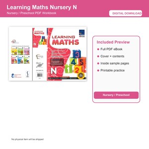 Könnte beinhalten: Digitaler Download eines Vorschul-Arbeitsbuchs mit dem Titel "Learning Maths Nursery N". Das Cover zeigt farbenfrohe Blöcke mit Zahlen und dem Text "Learning Maths". Die Vorschau enthält ein vollständiges eBook, Cover, Inhalt, Beispielseiten und druckbare Übungen.
