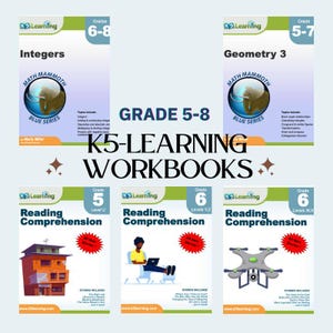 以下が含まれることがあります： 5年生から8年生向けのK5-Learningワークブックのコレクションです。ワークブックは、整数、幾何学、読解力などの科目を取り扱っています。ワークブックは、青い色と白い色の配色で、漫画のマンモスのロゴが特徴です。