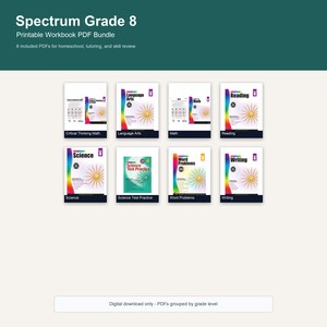 Op de afbeelding: Een digitaal pakket van acht printbare Spectrum Grade 8 werkboeken met titels waaronder Critical Thinking Math, Language Arts, Math, Reading, Science, Science Test Practice, Word Problems en Writing, weergegeven als individuele covers.