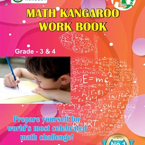 Op de afbeelding: Een Math Kangaroo werkboek voor groep 5 & 6 met een roze en oranje achtergrond, witte cirkels, een kangoeroelogo en natuurkundige vergelijkingen. De kaft bevat de tekst International Olympiad Academy en Prepare yourself for world's most celebrated math challenge!