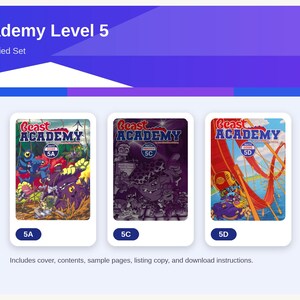 May include: A digital PDF bundle titled Beast Academy Level 5, 5A, 5C and 5D Supplied Set. The image displays three book covers labeled 5A, 5C, and 5D, featuring colorful monster illustrations. Text includes: Includes cover, contents, sample pages, listing copy, and download instructions.