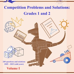 May include: A book cover titled MATH KANGAROO USA Competition Problems and Solutions: Grades 1 and 2, Volume I. It features a brown block-style kangaroo, an abacus, a math book, dice, a pizza slice, a lightbulb, and a small cart with the number 1.