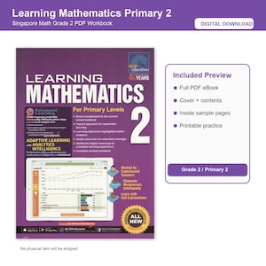 Può includere: Un quaderno di lavoro scaricabile digitalmente intitolato "Learning Mathematics Primary 2" per studenti di seconda elementare. La copertina è viola e bianca, con il titolo a grandi lettere. Include un'anteprima dell'eBook PDF completo, il contenuto della copertina, pagine di esempio ed esercizi.