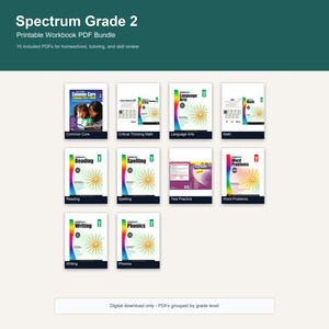 Puede incluir: Un paquete digital de diez libros de ejercicios imprimibles Spectrum Grade 2 que incluyen títulos como Common Core, Critical Thinking Math, Language Arts, Math, Reading, Spelling, Test Practice, Word Problems, Writing y Phonics.