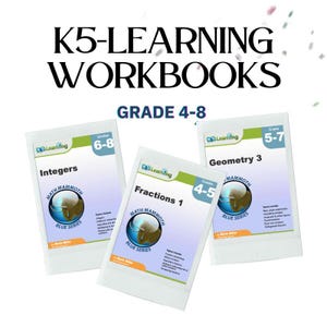 May include: Three colorful workbooks for grades 4-8, 5-7, and 6-8. The workbooks are titled "Fractions 1", "Geometry 3", and "Integers". Each workbook features a blue mammoth illustration and the text "Math Mammoth Blue Series".