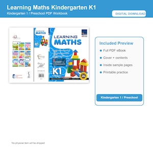 Pode incluir: Download digital de um caderno de matemática para o jardim de infância. A capa apresenta o título "Learning Maths" com ilustrações de blocos coloridos. Inclui um eBook PDF completo, capa e conteúdo, páginas de amostra e exercícios imprimíveis.