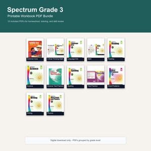 Puede incluir: Un paquete digital de 12 libros de ejercicios imprimibles Spectrum Grade 3 que incluye títulos como Common Core, Critical Thinking Math, Language Arts, Math, Reading, Science, Science Test Practice, Spelling, Test Practice, Word Problems, Writing y Phonics.