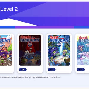 Może przedstawiać: Cyfrowy pakiet PDF zatytułowany Beast Academy Level 2, zawierający cztery oddzielne okładki książek oznaczone jako 2A, 2B, 2C i 2D. Każda okładka przedstawia kolorowe ilustracje postaci z kreskówek oraz logo Beast Academy u góry.
