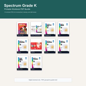 Op de afbeelding: Een digitaal pakket van tien printbare Spectrum Grade K werkboeken met onderwerpen zoals Common Core, Critical Thinking Math, Language Arts, Math, Reading, Spelling, Writing, Sight Words en Phonics, gepresenteerd als een verzameling PDF-covers.