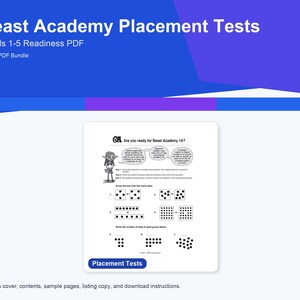 May include: A digital PDF bundle titled Beast Academy Placement Tests Levels 1-5 Readiness PDF. The document features a sample page titled Are you ready for Beast Academy 1A? with math problems involving dot counting and a cartoon character illustration.
