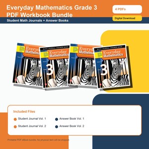 May include: A bundle of Everyday Mathematics Grade 3 PDF workbooks. The covers feature a zebra illustration, baseballs, and the text "Everyday Mathematics" and "Grade 3". Includes student journals and answer books. Digital download.