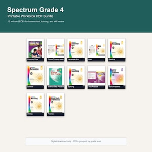 Può includere: Un pacchetto digitale di dodici quaderni di esercizi stampabili Spectrum Grade 4 che coprono materie come Common Core, Math, Language Arts, Reading, Science, Spelling, Test Practice, Word Problems, Writing e Phonics con copertine colorate.