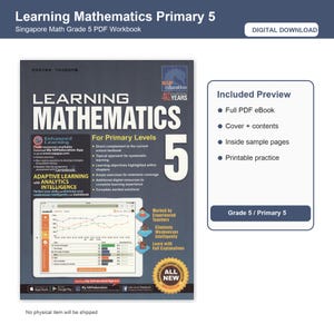 以下が含まれることがあります： 「Learning Mathematics Primary 5」というタイトルのデジタルワークブックの表紙。タイトル、数字の5、および「For Primary Levels」や「Grade 5 / Primary 5」などの内容の詳細が含まれています。