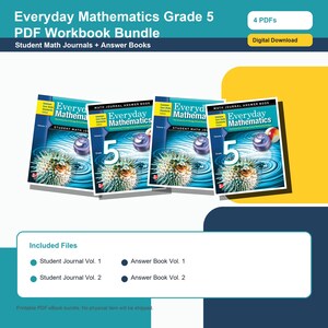 Può includere: Un pacchetto di quattro quaderni di lavoro PDF per Everyday Mathematics Grade 5. Le copertine presentano il titolo, il numero 5 e un'immagine di riccio di mare. Il pacchetto include quaderni per studenti e libri di risposte, disponibili per il download digitale.