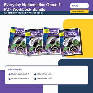 Può includere: Un pacchetto di quaderni di lavoro PDF di Everyday Mathematics Grade 6. L'immagine mostra quattro quaderni con il titolo "Everyday Mathematics" e il numero "6" ben visibile. Il pacchetto include quaderni per studenti e libri di risposte.