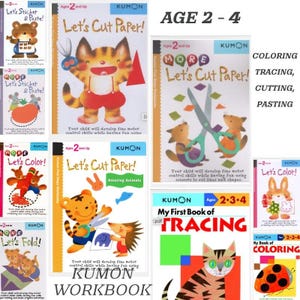 May include: A collection of Kumon workbooks for children aged 2-4. The workbooks feature colourful illustrations of animals and activities such as cutting, pasting, colouring, tracing, and folding. The workbooks are designed to help children develop fine motor skills.