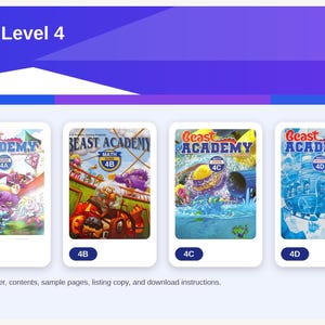 Może przedstawiać: Cyfrowy pakiet PDF zatytułowany Beast Academy Level 4, zawierający cztery książki oznaczone jako 4A, 4B, 4C i 4D. Każda okładka książki zawiera kolorowe ilustracje postaci z kreskówek oraz grafikę o tematyce matematycznej.