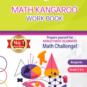 Puede incluir: Un libro de ejercicios Math Kangaroo para los grados 5 y 6 con una portada verde lima. La portada incluye el logo de la International Olympiad Academy, un gráfico de canguro, una insignia dorada No. 1 y varias formas geométricas.