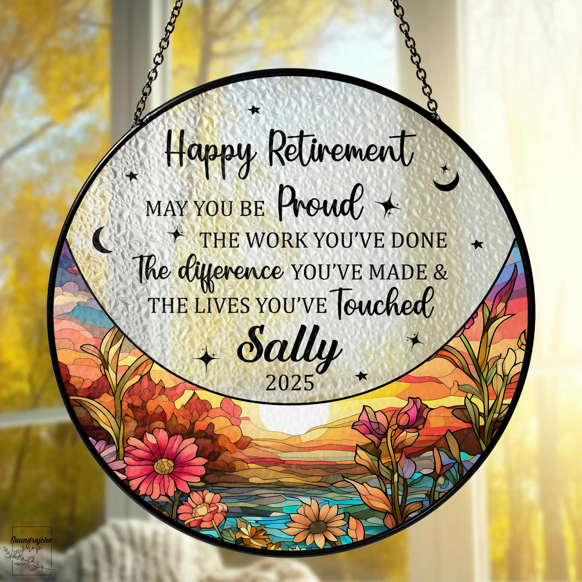 Personalized Retirement Suncatcher, Custom Stained Glass Retirement Gift, Floral Window Hanging Decor, Unique Keepsake for Coworker, Friends