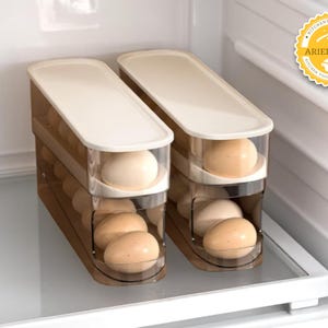 Egg Holder Organizer | Stackable Rolling Storage Rack | Slide Dispenser Tray | Space Saving Box | Fridge Pantry Container Shelf
