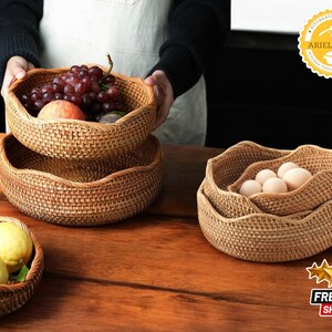 Handwoven Rattan Tray | Multi-Purpose Storage Basket | Wicker Organizer for Fruit & Food | Unique Serving Holder | Kitchen Home Decor