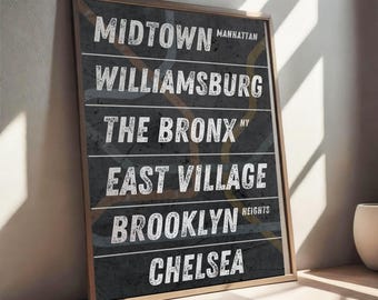 Puede incluir: Una impresión enmarcada con fondo negro y texto blanco que enumera diferentes barrios de la ciudad de Nueva York. El texto incluye "Midtown Manhattan", "Williamsburg", "The Bronx NY", "East Village", "Brooklyn Heights" y "Chelsea".