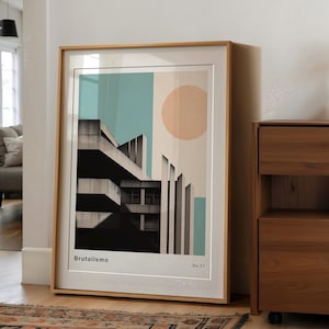 Retro Brutalist Art | Digital Download A2 | Abstract Beige & Teal Concrete Building Wall Art for Modern Decor