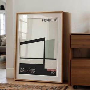Retro Bauhaus Art Exhibition | Digital Download A2 | Geometric Wall Art in Sage, Dark Green & Beige (2 Variations)