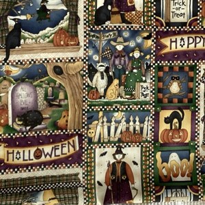 May include: A patterned fabric featuring various Halloween scenes including black cats, pumpkins, ghosts, tombstones with the text All Hallows Eve, and banners reading Happy Halloween. The design includes checkered borders and figures in costumes.