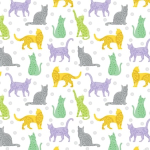 May include: A repeating pattern of stylized cats in various poses and colors, including yellow, green, purple, and gray. The cats are decorated with floral patterns and set against a white background with small gray floral accents.