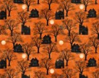 Full Moon Haunted House Halloween Fabric By the Half Yard