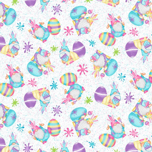 Gnomes and Colorful Easter Egg Fabric By Half Yard