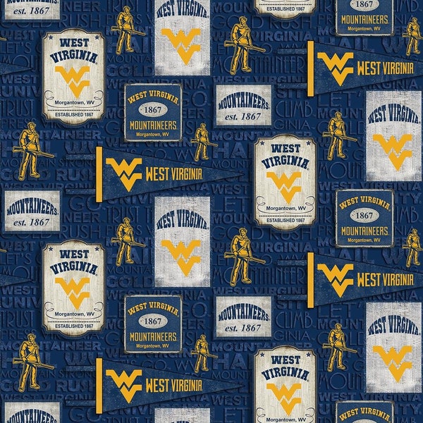 West Virginia Mountaineers (Vintage Pennant) Fabric By the Half Yead