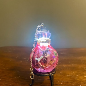 May include: A pink, light-up bulb-shaped ornament with a silver chain, resting on a small black stand. The bulb contains small bones and dried flowers. The light inside glows brightly.