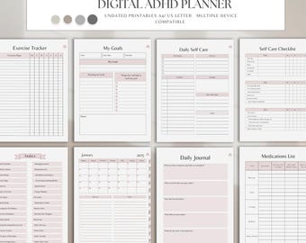 Pode incluir: Um planejador digital para TDAH com imprimíveis sem data. O planejador inclui seções para rastreamento de exercícios, metas, autocuidado diário e uma lista de verificação de autocuidado. Ele também apresenta um calendário para janeiro de 2025.