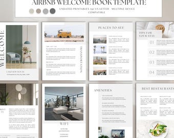 Op de afbeelding: Een welkomstboek sjabloon voor Airbnb-hosts. De sjabloon bevat secties voor vervoer, bezienswaardigheden, tips voor uw verblijf, voorzieningen en de beste restaurants. De sjabloon is ontworpen om te worden afgedrukt op A4- of US letter-formaat papier.