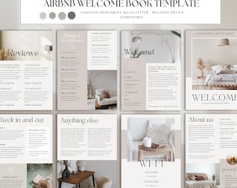 Op de afbeelding: Een welkomstboek sjabloon voor Airbnb-hosts. De sjabloon bevat secties voor beoordelingen, in- en uitchecken, dingen om te doen en te zien, alles wat erbij hoort, Wi-Fi en over ons. De sjabloon is ontworpen om te worden afgedrukt op A4- of US Letter-papier en is compatibel met meerdere apparaten.