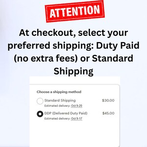 May include: A digital display shows shipping options. The text "ATTENTION" is in a red rectangle. The options are "Standard Shipping" and "DDP (Delivered Duty Paid)". The estimated delivery dates are displayed.