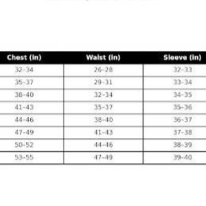 May include: A black and white size chart for clothing, detailing measurements in inches for chest, waist, sleeve, and length. Sizes range from XS to 4XL, with corresponding measurements provided for each size.